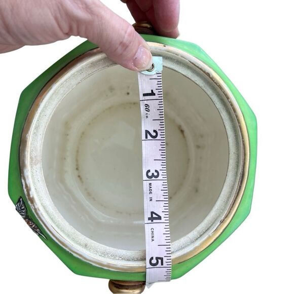 Vintage Japanese Hand-Painted Ceramic Jar with Lid & Handle – Green Pagoda Scene - Picture 10 of 14